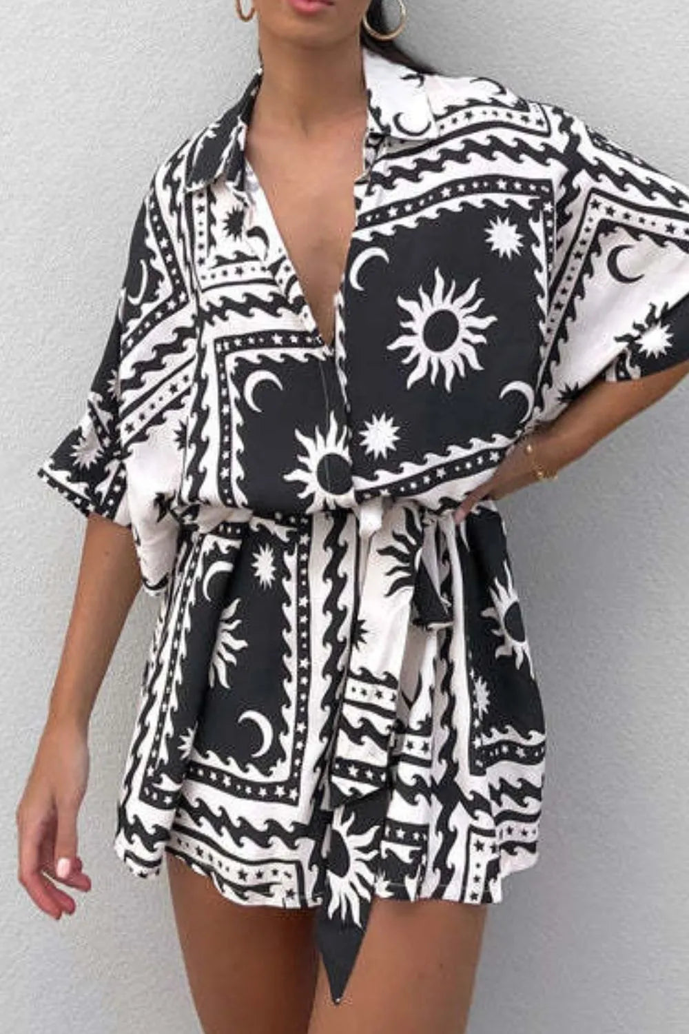 Printed Tie Waist Romper Black - Fashorio