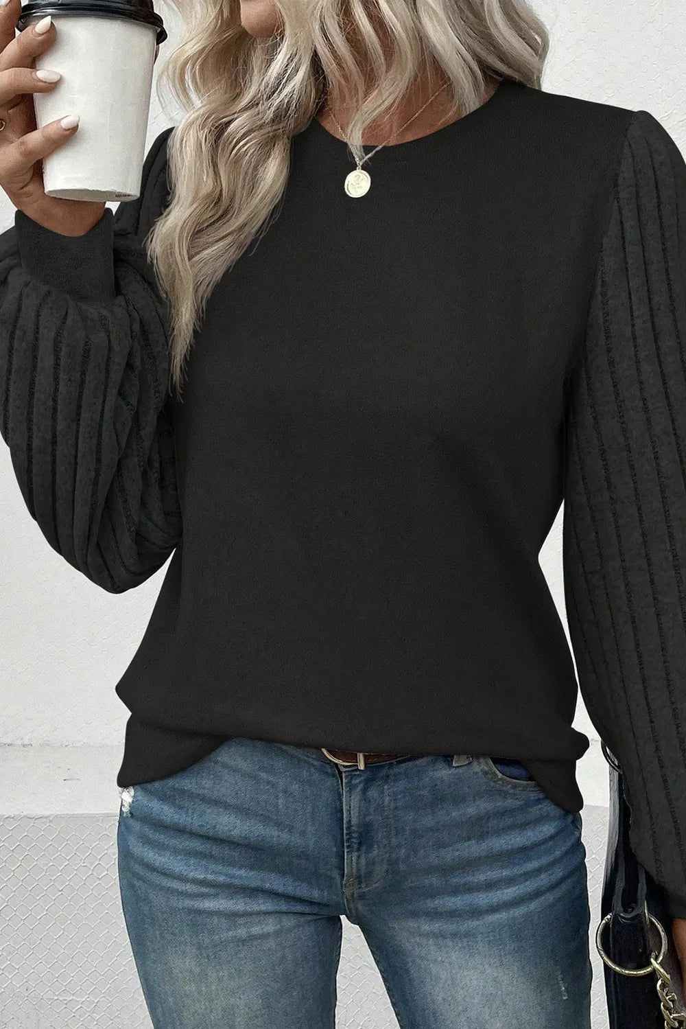 Ribbed Round Neck Long Sleeve Knit Top - Fashorio