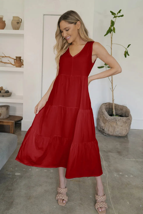FAM-FAM Tiered V-Neck Sleeveless Dress Burgundy - Fashorio