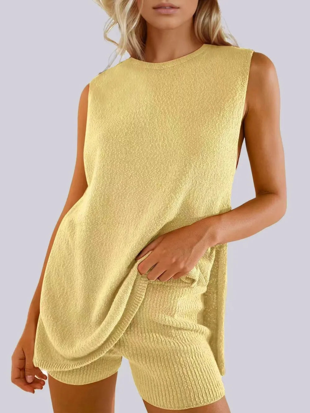 Side Slit Round Neck Tank and Ribbed Shorts Sweater Set Yellow - Fashorio