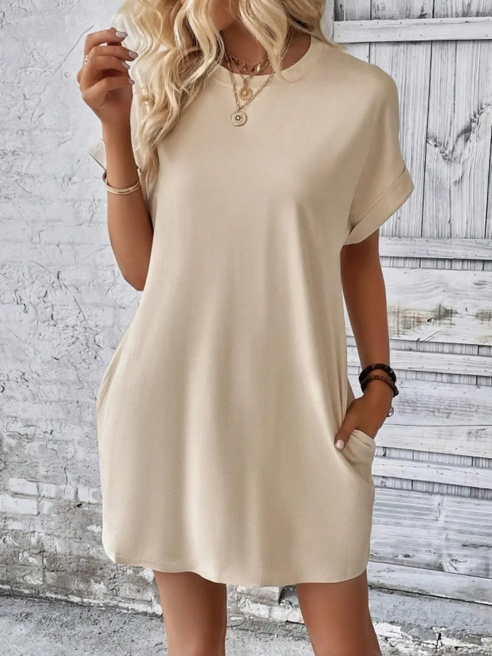 Casual Pocketed Short Sleeve Dress – Relaxed Everyday Comfort Tan - Fashorio