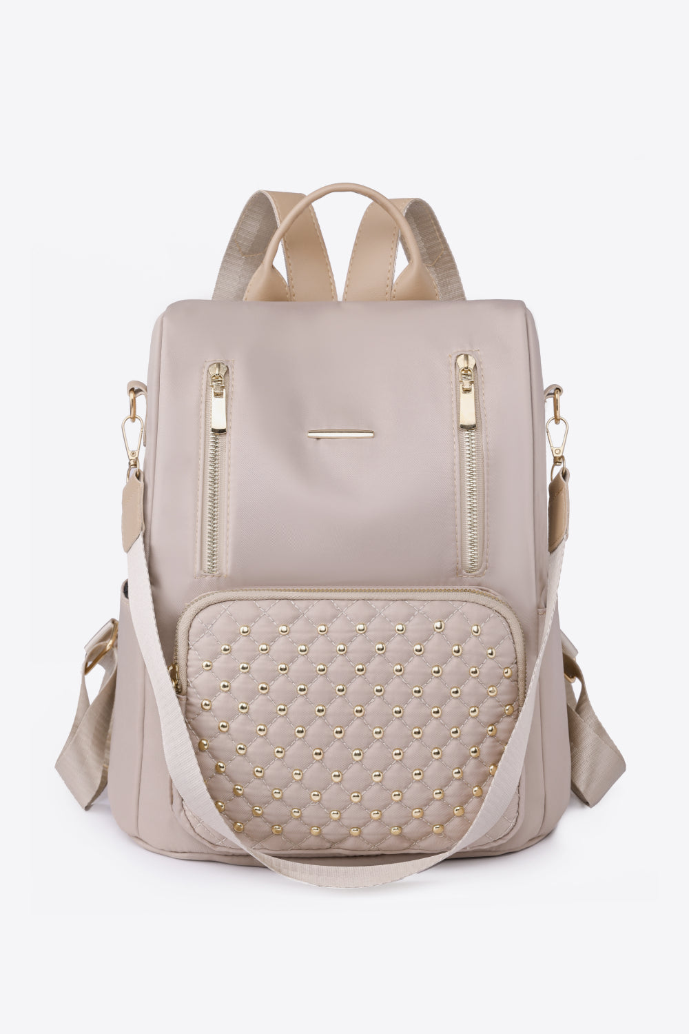 Zipper Pocket Beaded Backpack Beige One Size - Fashorio
