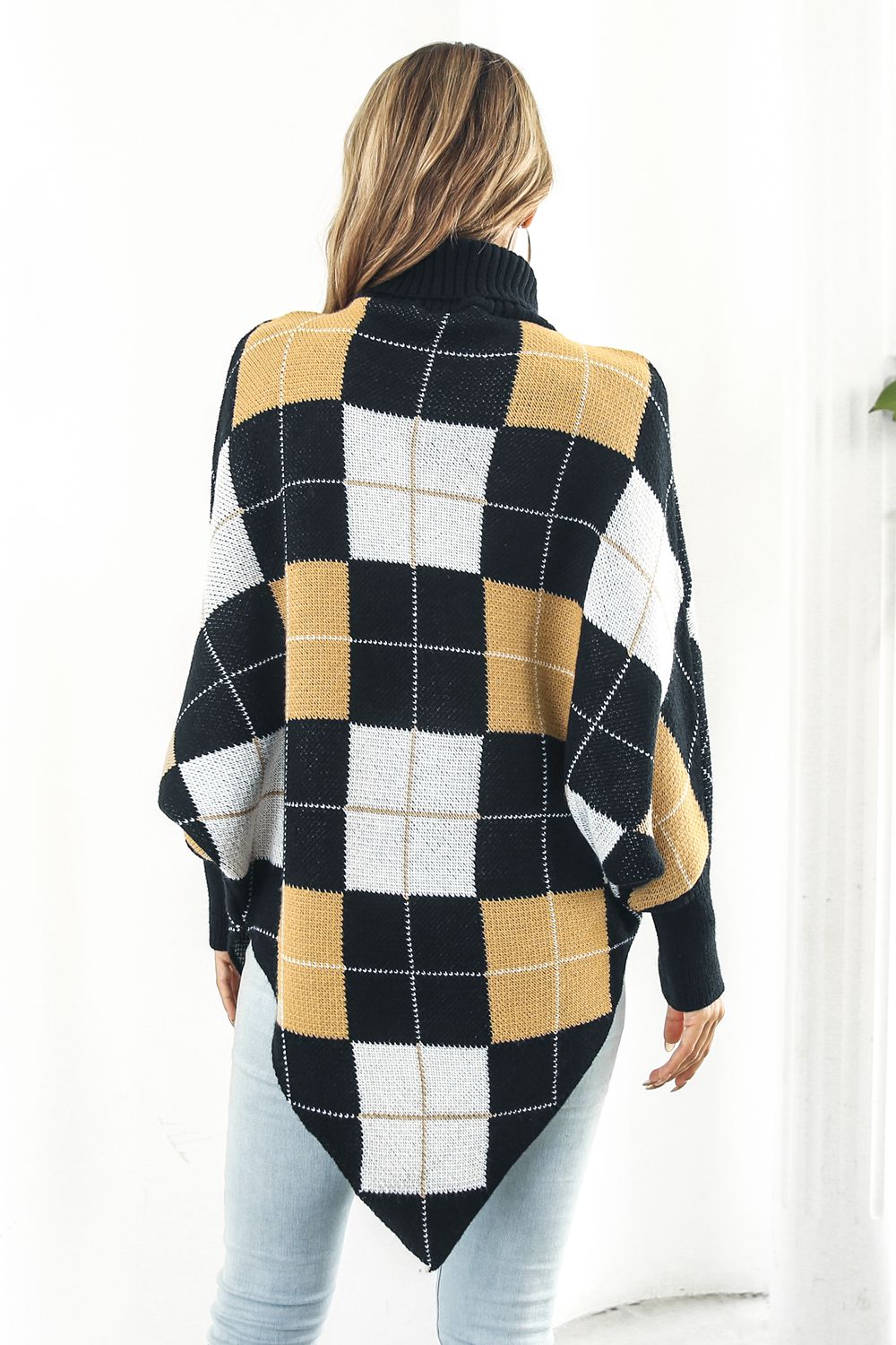 Plaid Turtleneck Dolman Sleeve Poncho - Fashorio