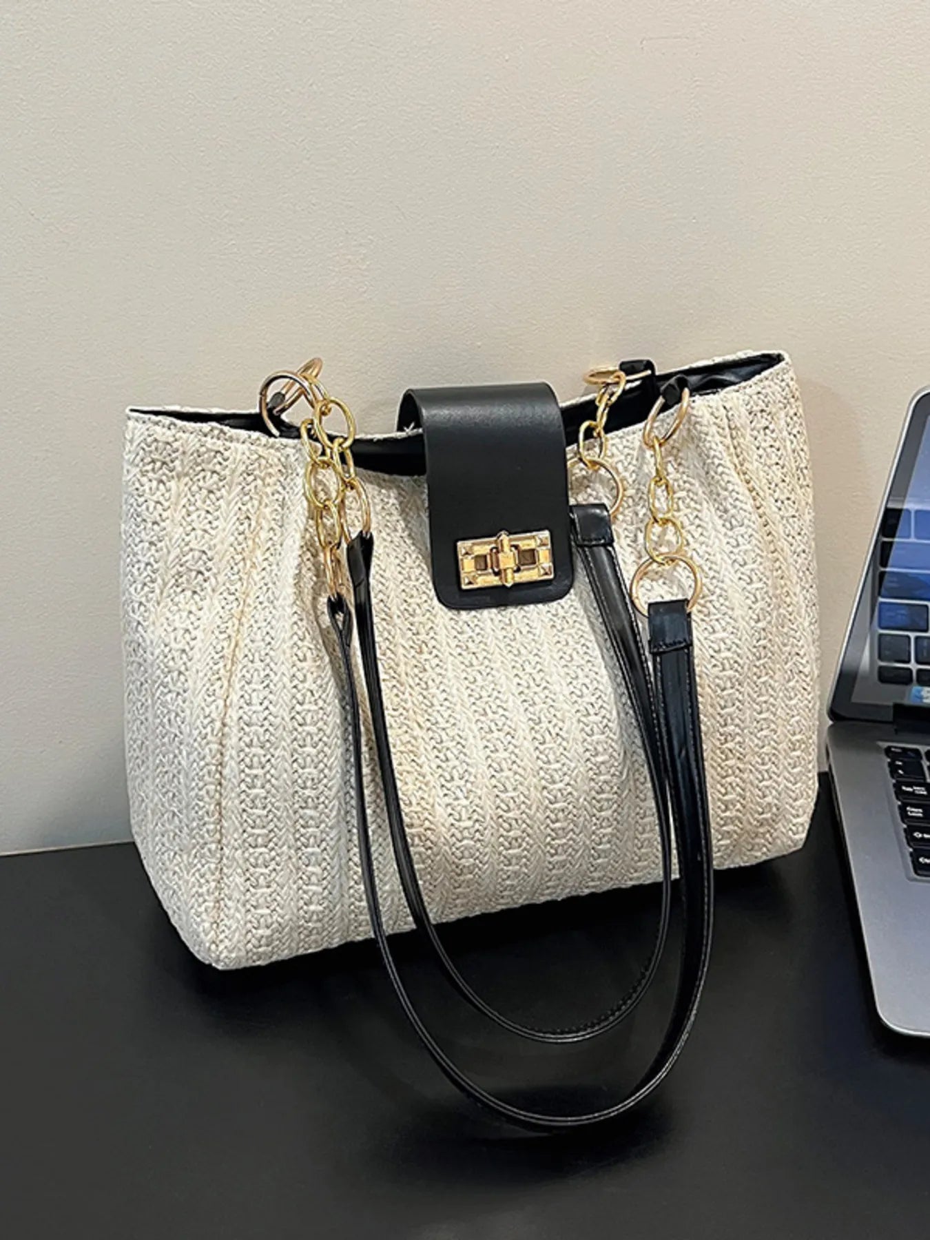 Woven Straw Shoulder Bag Black One Size - Fashorio