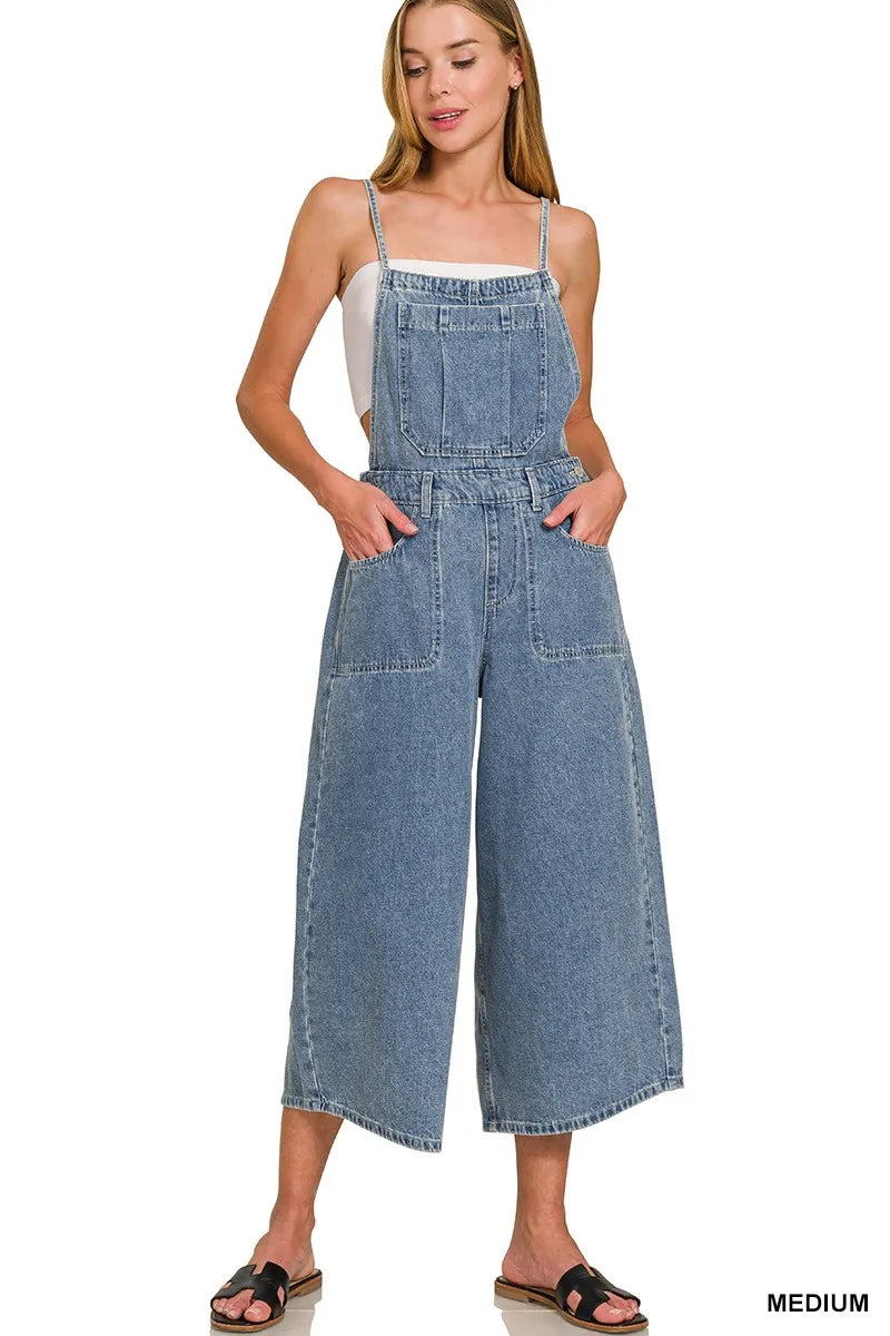 Zenana Denim Medium Washed Wide Leg Overalls - Fashorio
