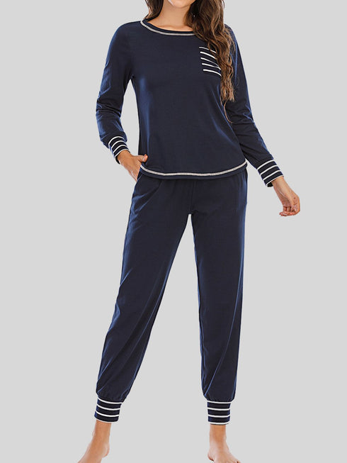 Round Neck Top and Pants Lounge Set Dark Navy - Fashorio