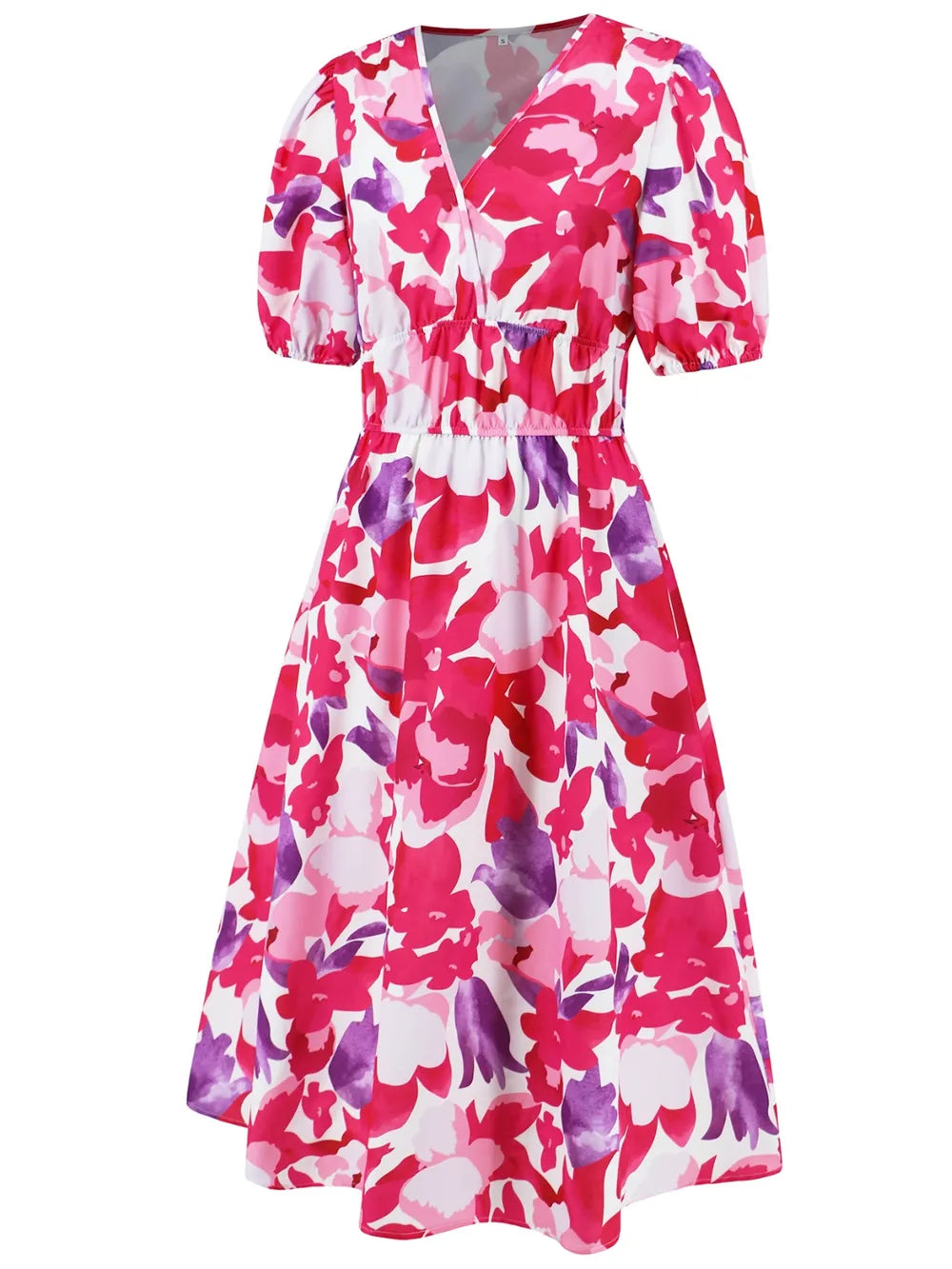 Ruched Printed Surplice Short Sleeve Dress - Fashorio