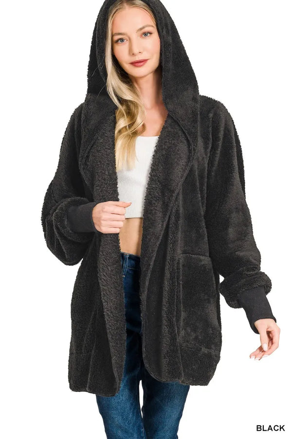Zenana Hooded Faux Fur Jacket – Oversized Cozy Outerwear Black - Fashorio