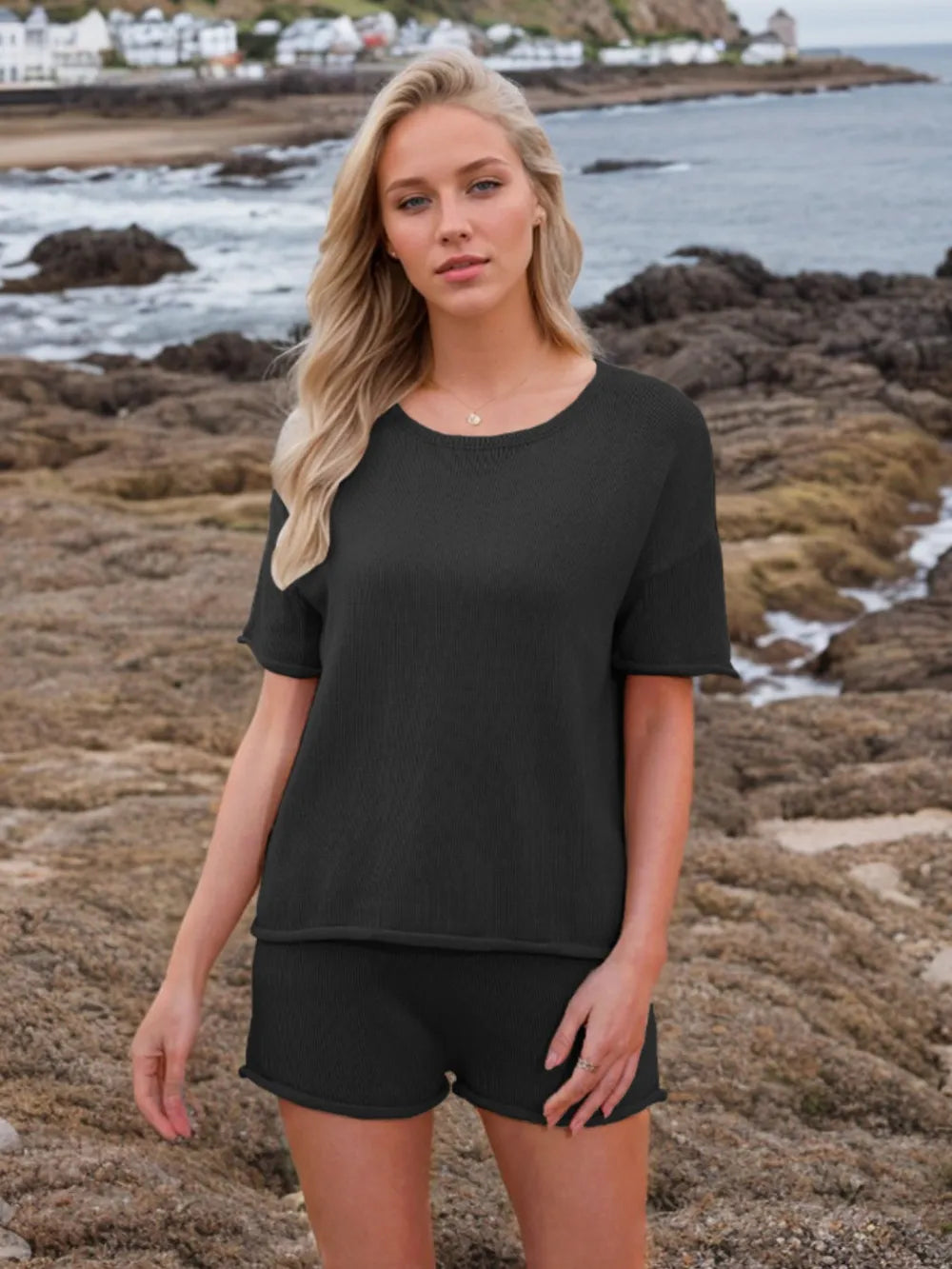 Round Neck Short Sleeve Top and Shorts Sweater Set - Fashorio