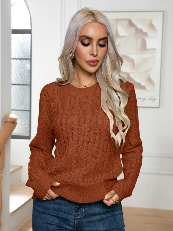 Cable-Knit Round Neck Long Sleeve Sweater Ochre - Fashorio