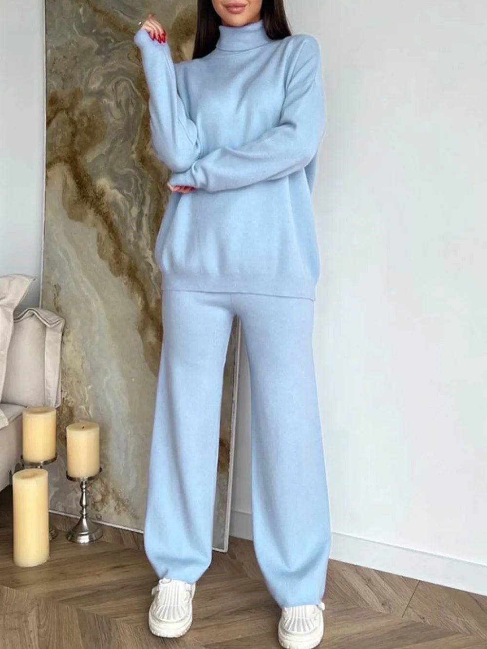 Turtleneck Long Sleeve Top and Drawstring Pants Sweater Set Light Blue One Size - Fashorio
