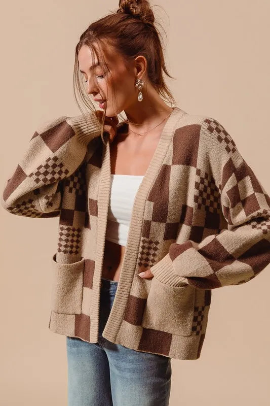 SO ME Checkered Open Front Cardigan with Pockets - Fashorio