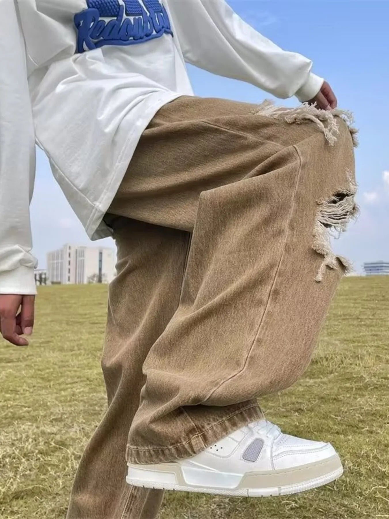 Men's Plus Size Distressed Wide Leg Jeans Khakis - Fashorio