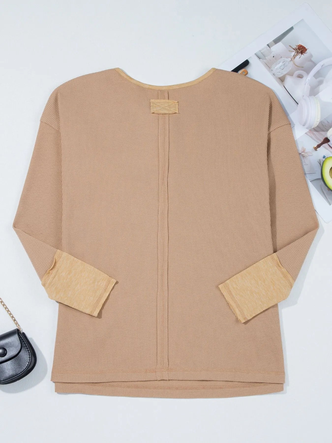 Waffle Textured Tunic Henley Top with Slits - Fashorio
