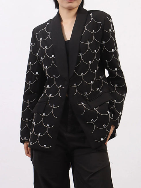 Pearl Detail Long Sleeve Blazer Black - Fashorio