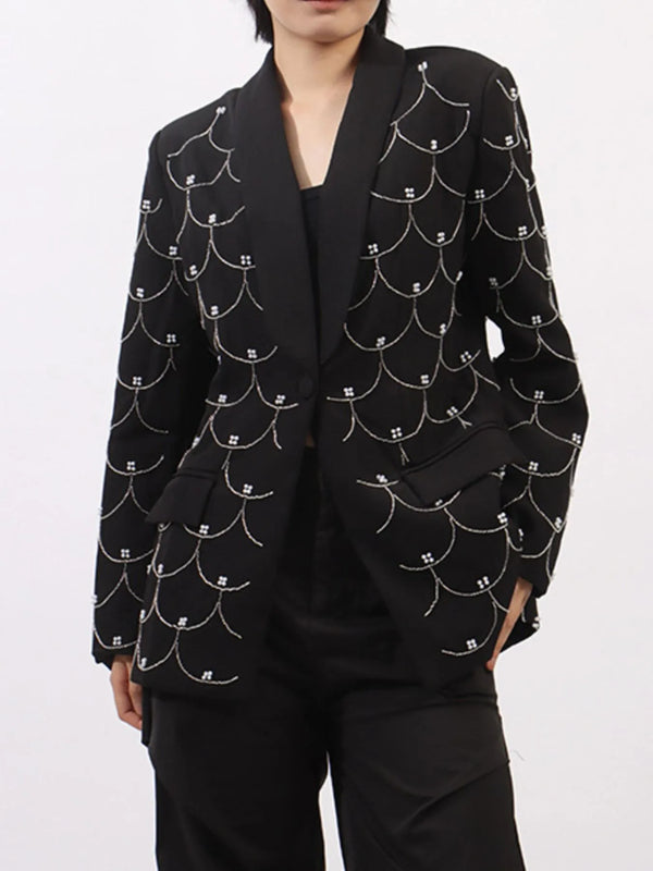 Pearl Detail Long Sleeve Blazer Black - Fashorio