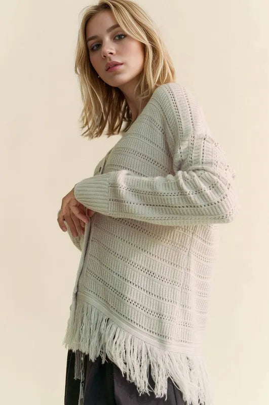 Davi & Dani Fringe V-Neck Button Up Long Sleeve Cardigan - Fashorio