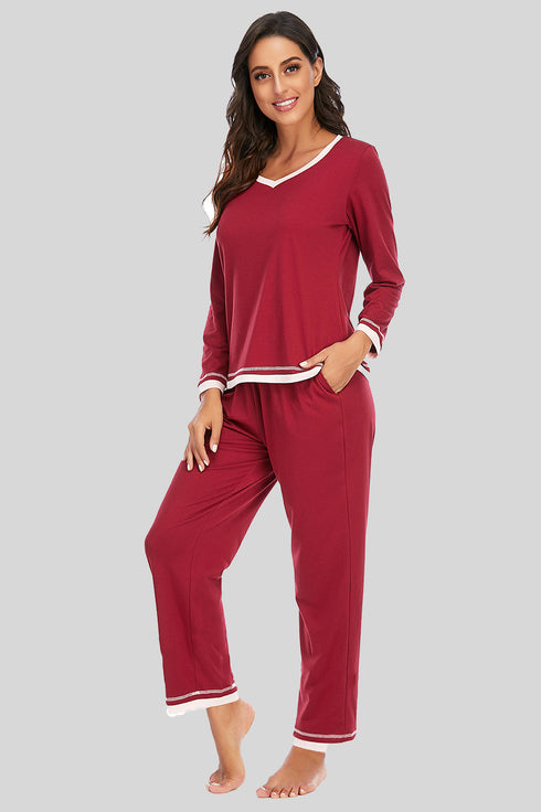 V-Neck Top and Pants Lounge Set Wine - Fashorio