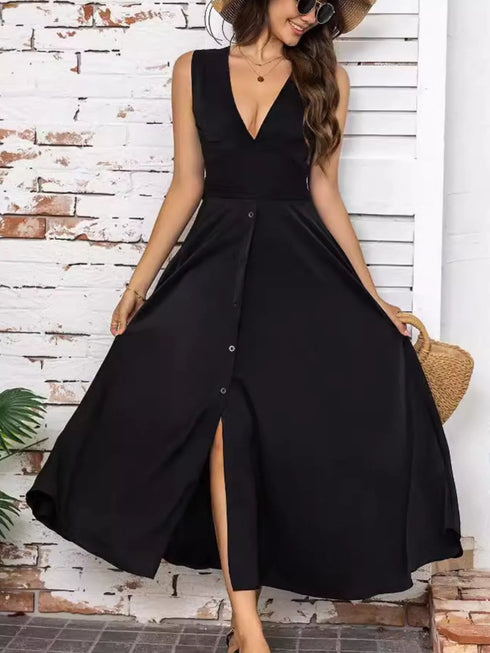 Full Size Slit V-Neck Sleeveless Dress Plus Size Black - Fashorio