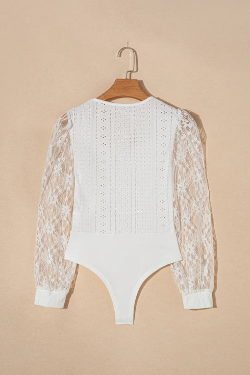 Eyelet Lace Long Sleeve Bodysuit - Fashorio