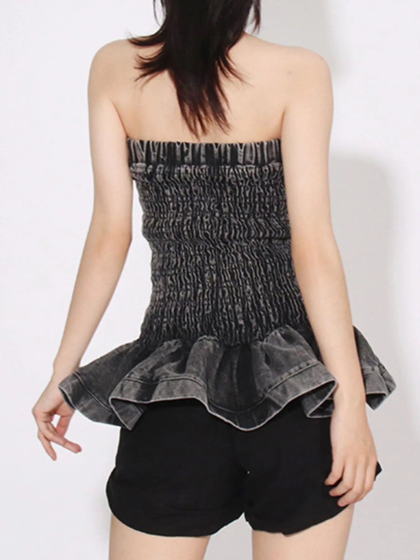 Smocked Ruffled Hem Denim Tube Top - Fashorio