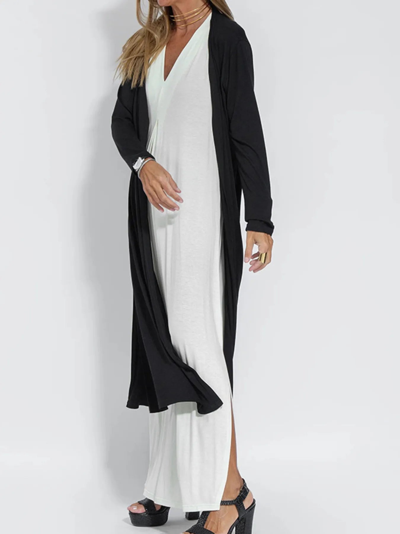 Full Size Open Front Side Slit Longline Cardigan Plus Size - Fashorio