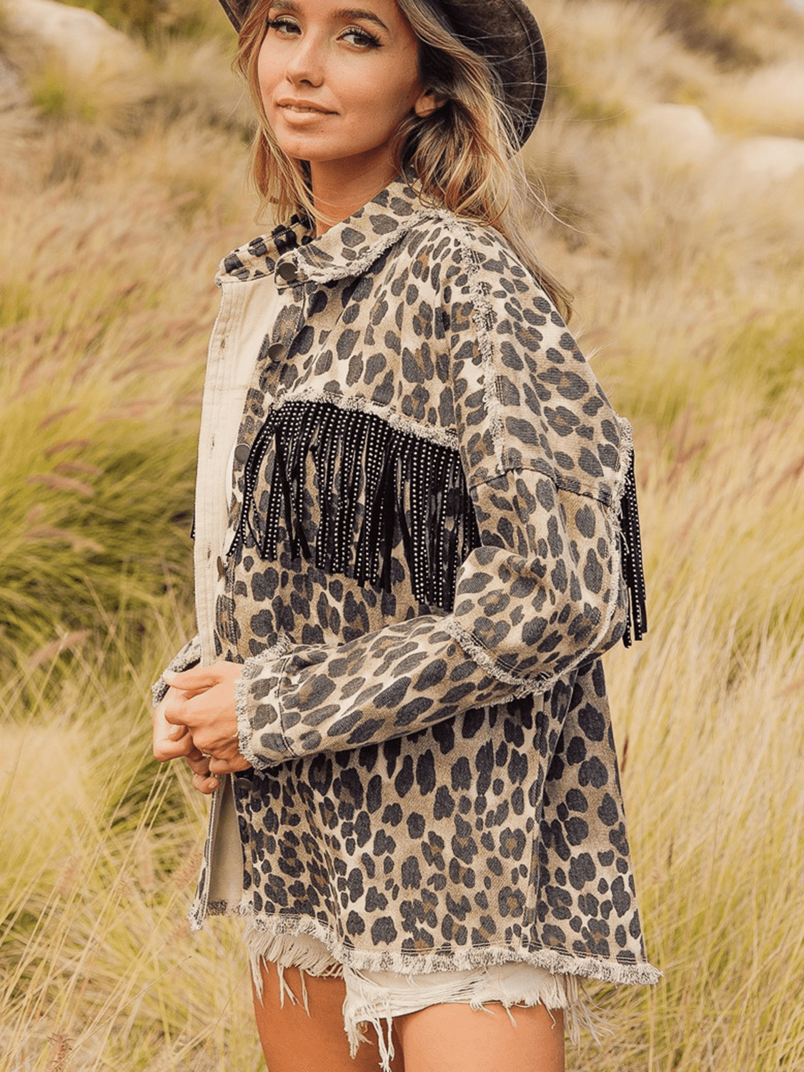 Leopard Fringe Detail Collared Neck Denim Jacket - Fashorio