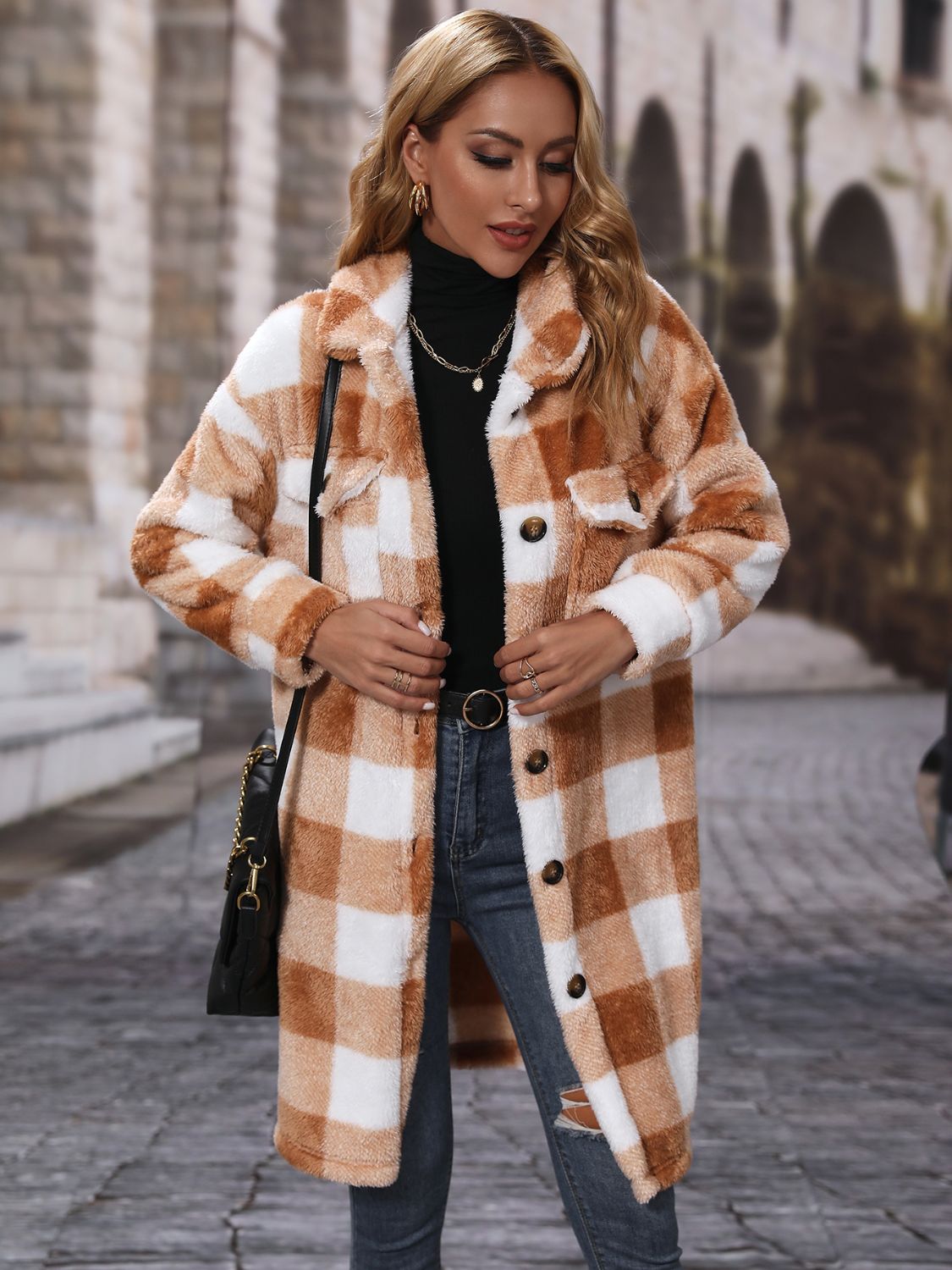 Plaid Collared Neck Button Down Coat - Fashorio