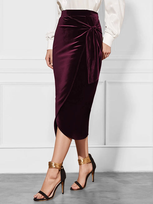 Side Tied Velvet Skirt Burgundy - Fashorio