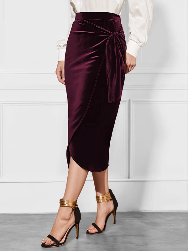 Side Tied Velvet Skirt Burgundy - Fashorio