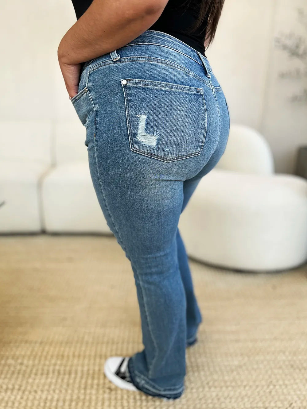 Judy Blue Full Size Mid Rise Destroyed Hem Distressed Jeans - Fashorio
