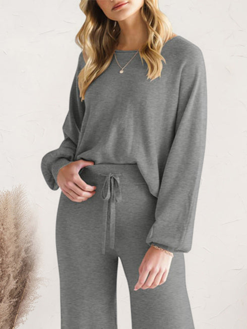 Long Sleeve Lounge Top and Drawstring Pants Set - Fashorio