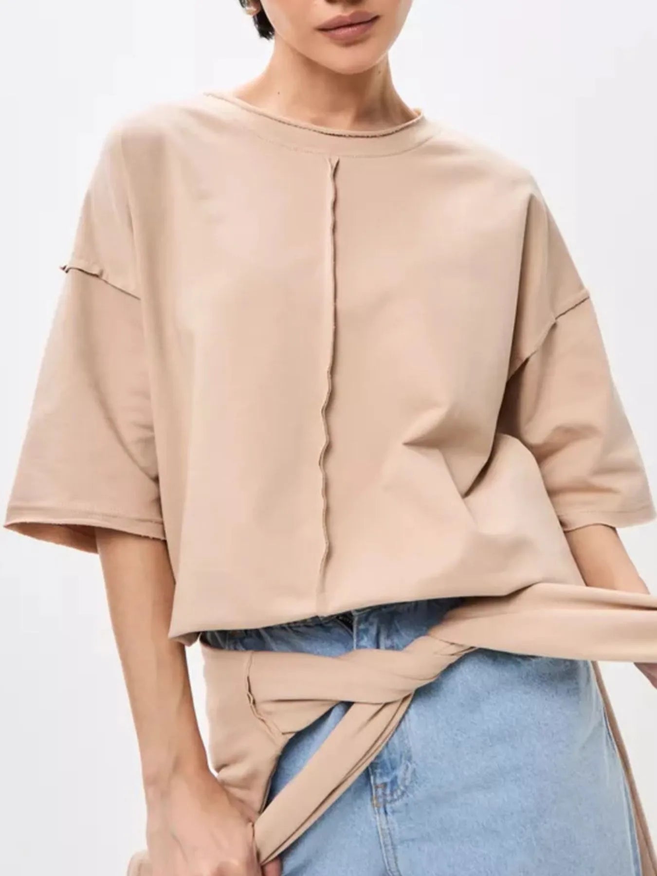 Round Neck Half Sleeve T-Shirt Khaki - Fashorio