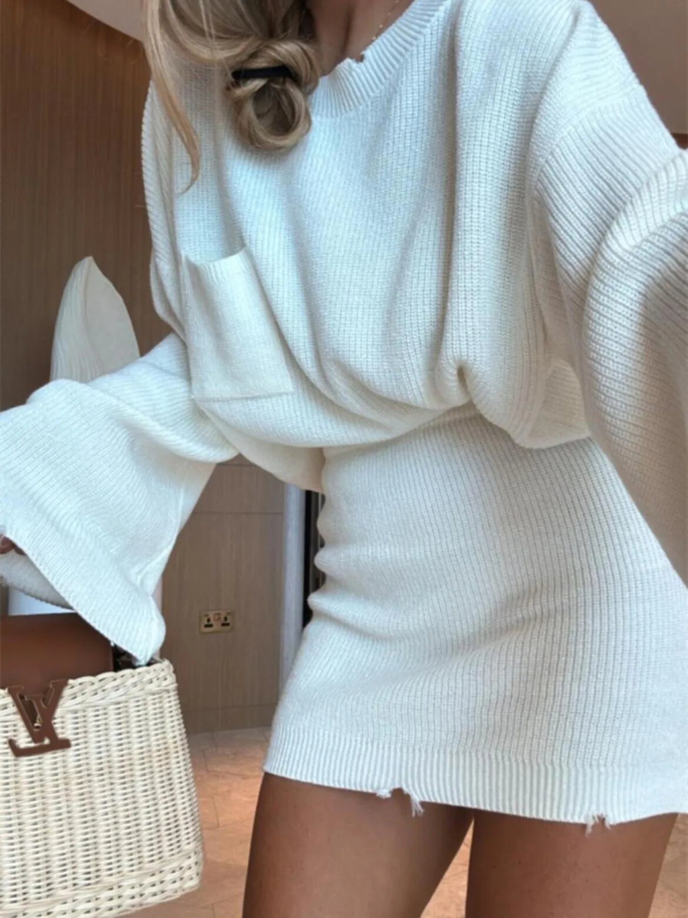 Ribbed Knit Long Sleeve Top and Skirt Sweater Set - Fashorio