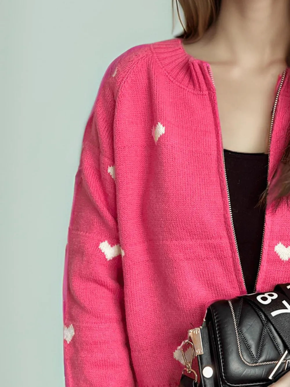 Heart Round Neck Zip Up Cardigan - Fashorio