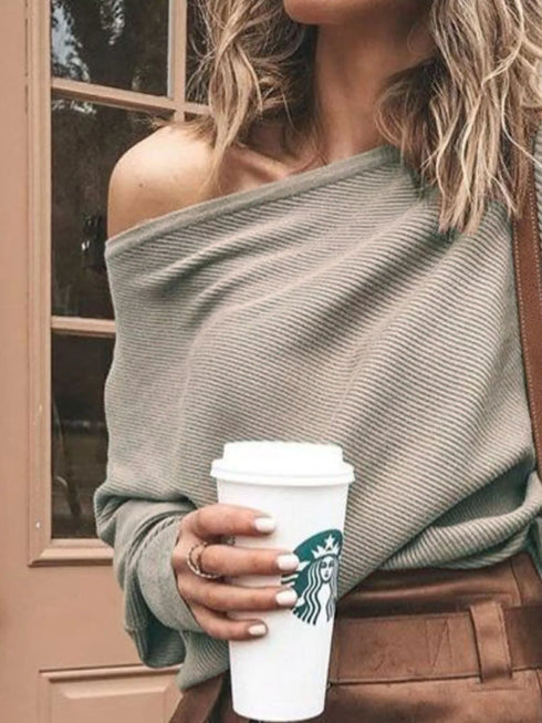 Full Size One-Shoulder Ribbed Sweater Plus Size - Fashorio