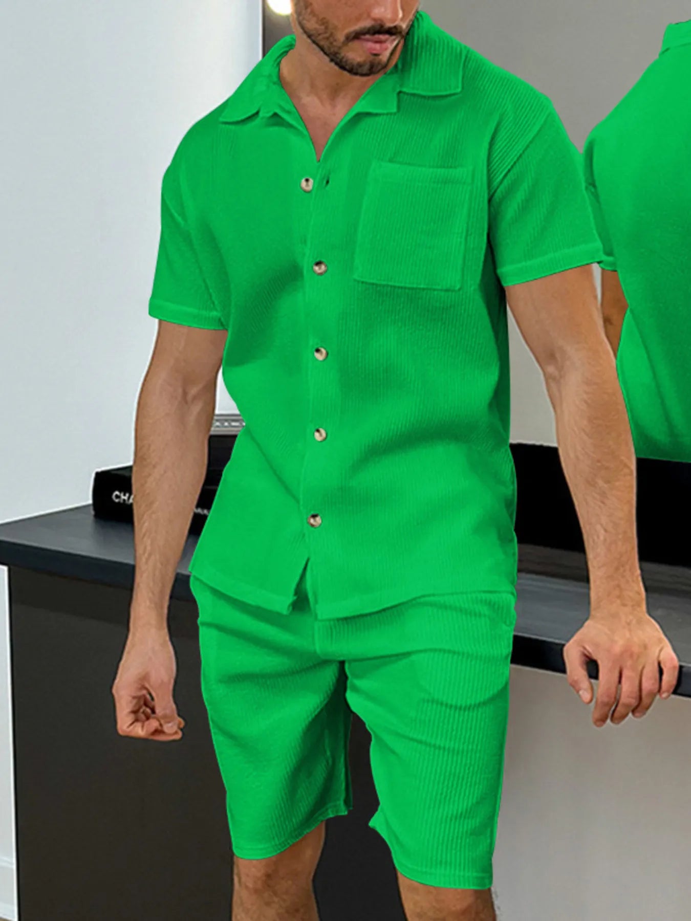 Men's Full Size Button Up Top and Shorts Set Plus Size Green - Fashorio