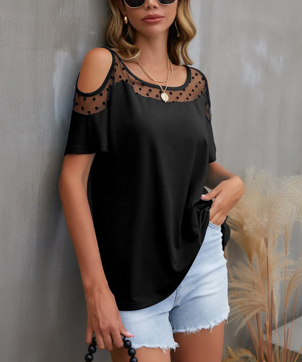 Cold Shoulder Mesh Polka Dot Top Black - Fashorio