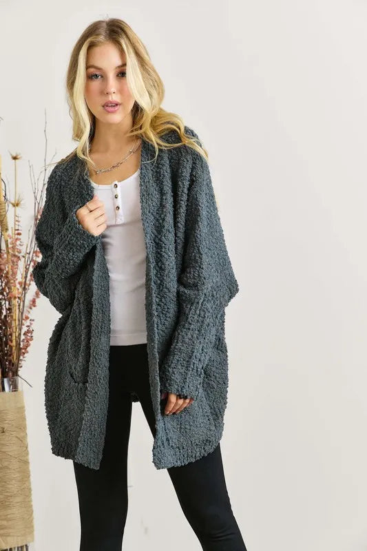 ADORA Popcorn Knit Open Front Long Sleeve Cardigan - Fashorio