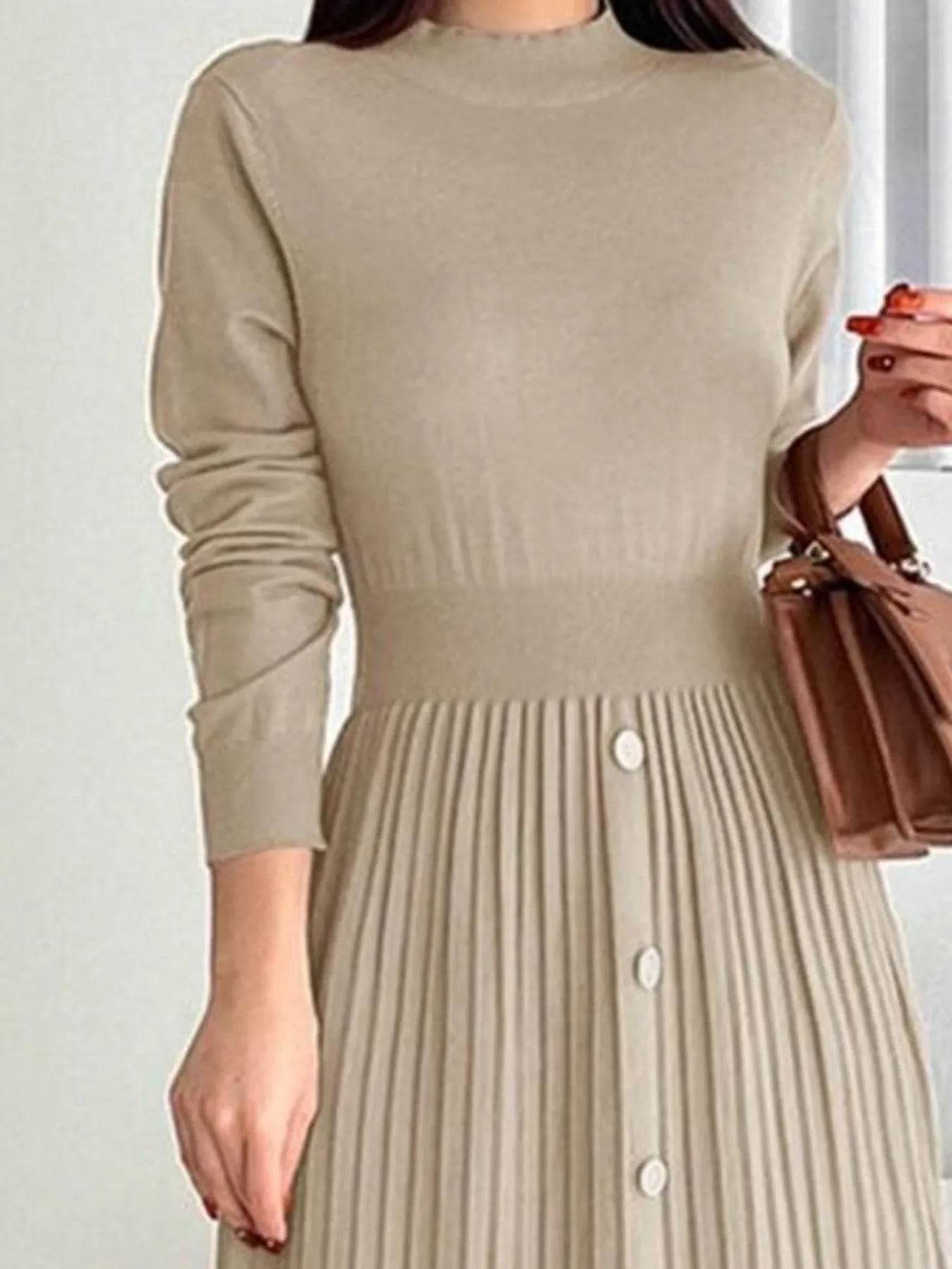 Slit Front Mock Neck Long Sleeve Knit Dress - Fashorio