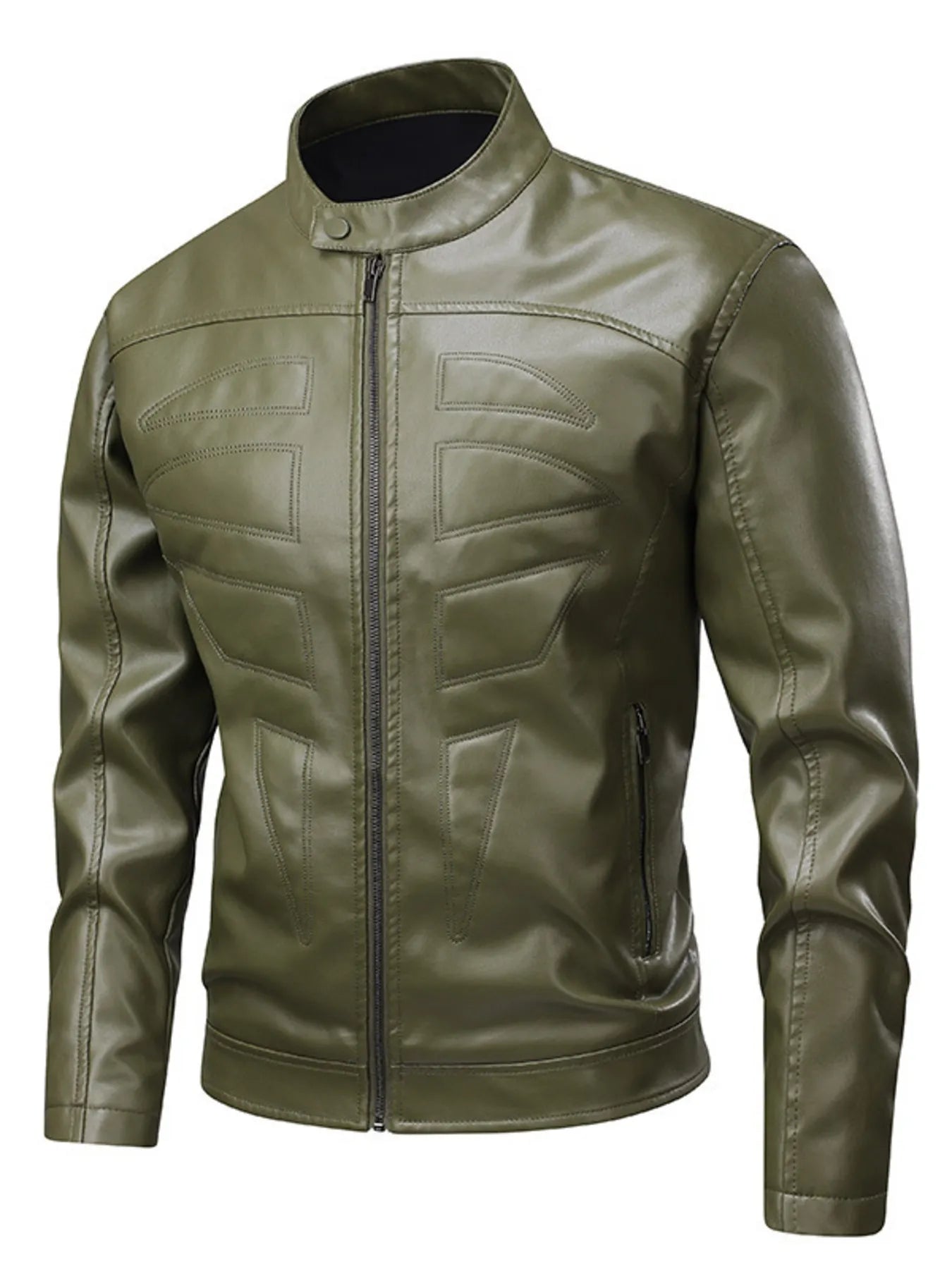 Men's Full Size Leather Zip Up Jacket Plus Size Military Green - Fashorio