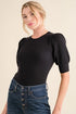 And The Why Puffed Half Sleeve Rib Basic Bodysuit Black - Fashorio