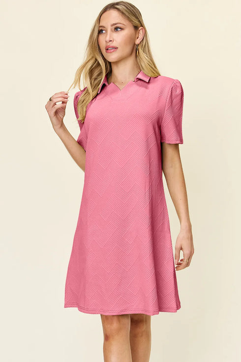 Double Take Full Size Texture Collared Neck Short Sleeve Dress Pink - Fashorio