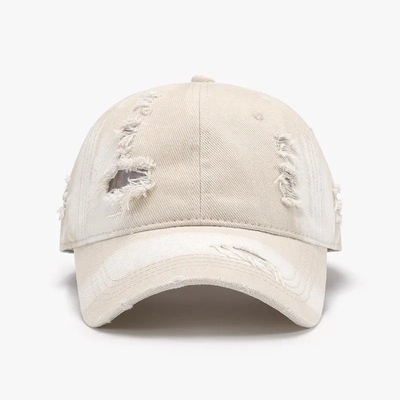 Distressed Adjustable Cotton Baseball Cap Ivory One Size - Fashorio