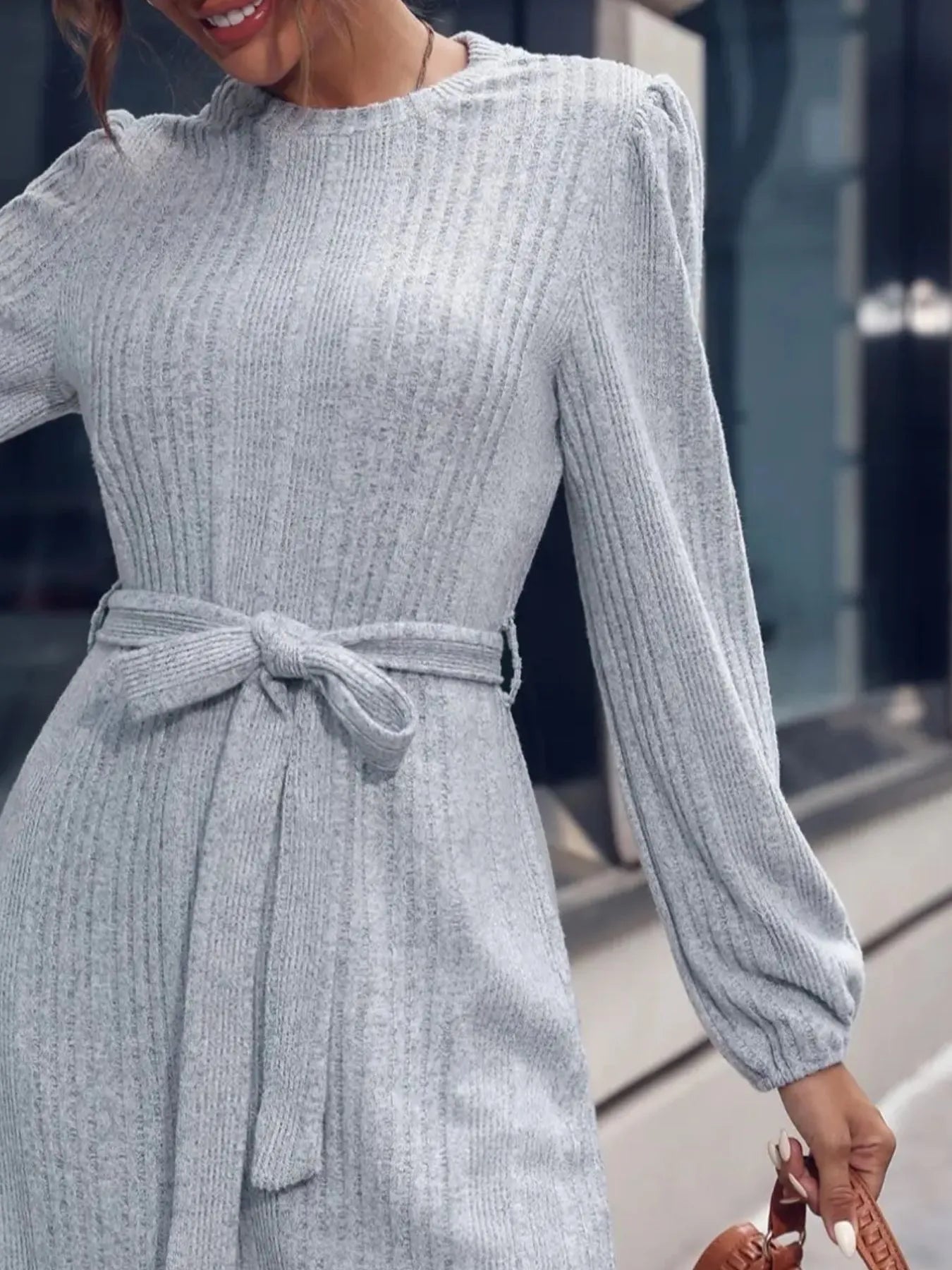 Ribbed Knit Long Sleeve Sweater Dress - Fashorio