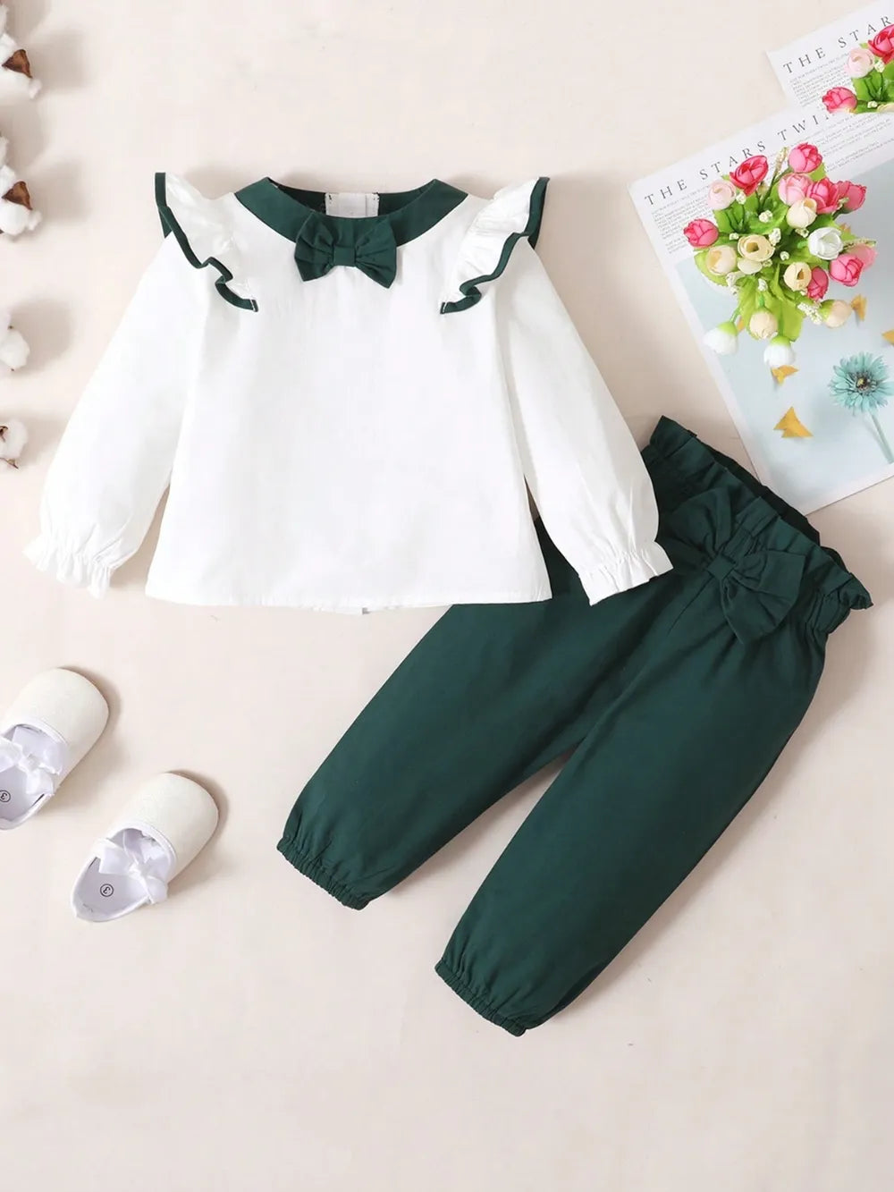 Children's Contrast Ruffled Top and Pants Set - Fashorio