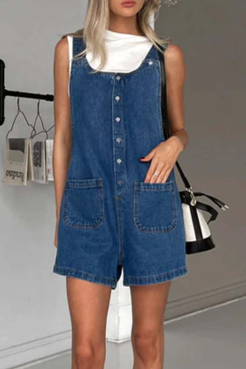 Button Front Denim Overall Shorts with Front Pockets - Fashorio