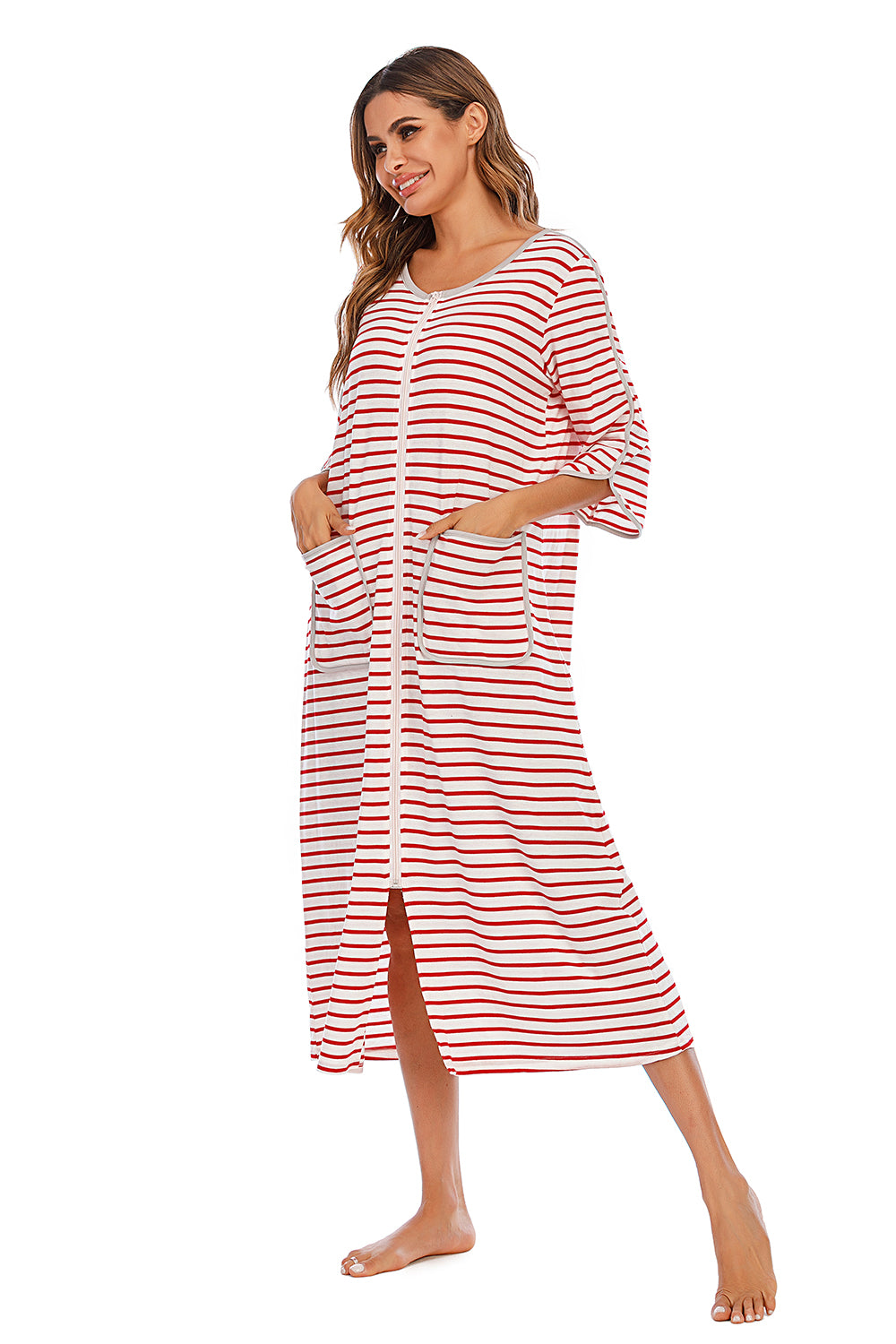 Round Neck Three-Quarter Sleeve Midi Night Dress - Fashorio