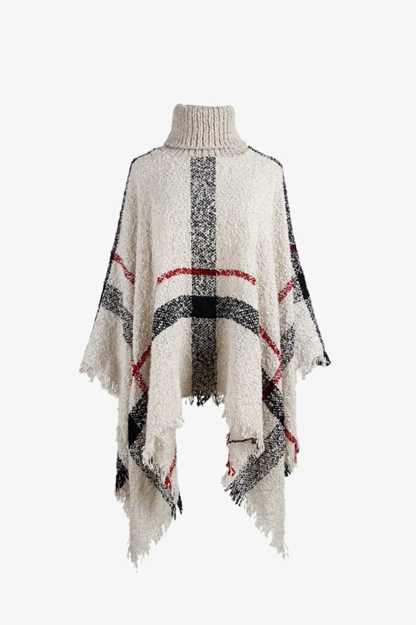Plaid Turtleneck Raw Hem Poncho Beige One Size - Fashorio