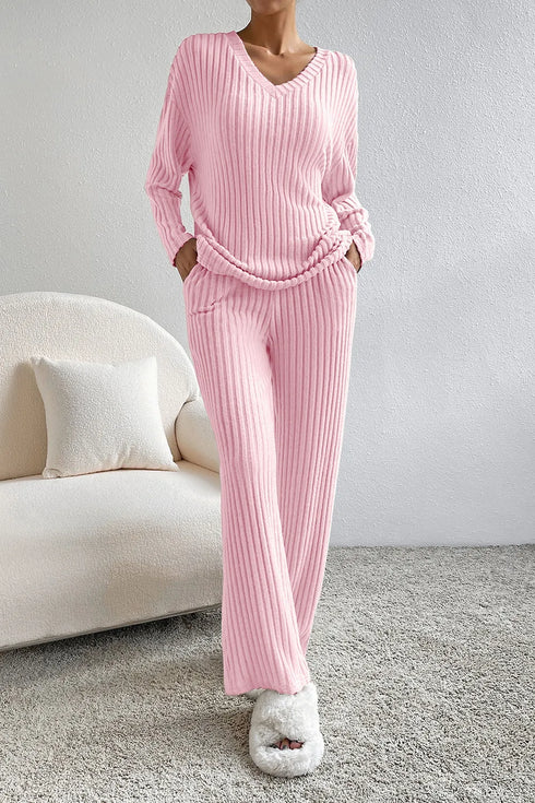 Ribbed V-Neck Top and Pants Lounge Set - Fashorio